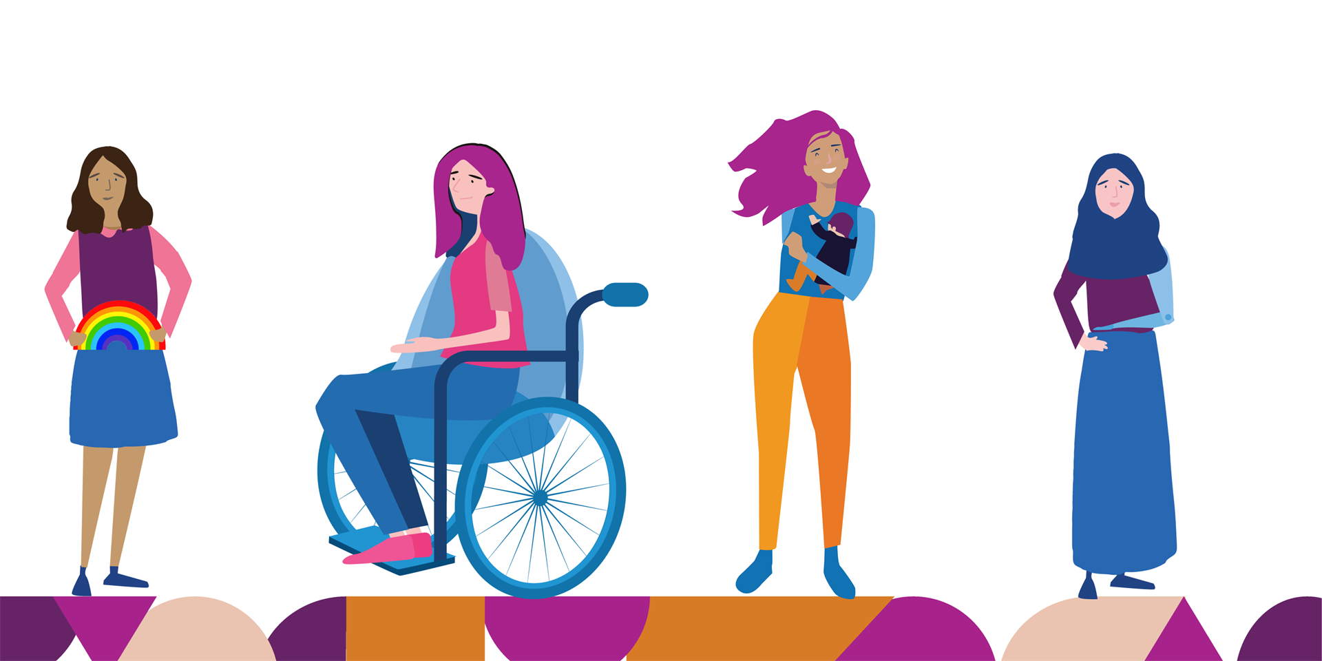 Simple illustration of four women, one with long dark hair and a short skirt holding a rainbow, one with pink hair using a manual wheelchair, one with yellow pants and flowy pink hair holding a baby, and one wearing a long skirt and a hijab.