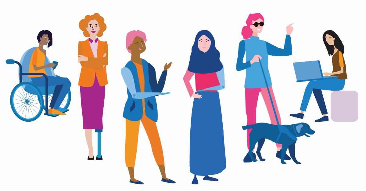 Illustration of a group of diverse women with disabilities in different poses