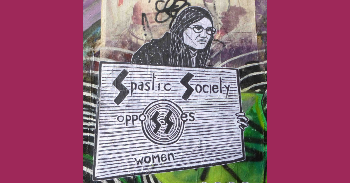 Close up photo of a piece of artwork depicting late disability advocate Leslie Hall