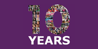 Image of a 10 made out of photos and the word Years in white text on a dark purple background
